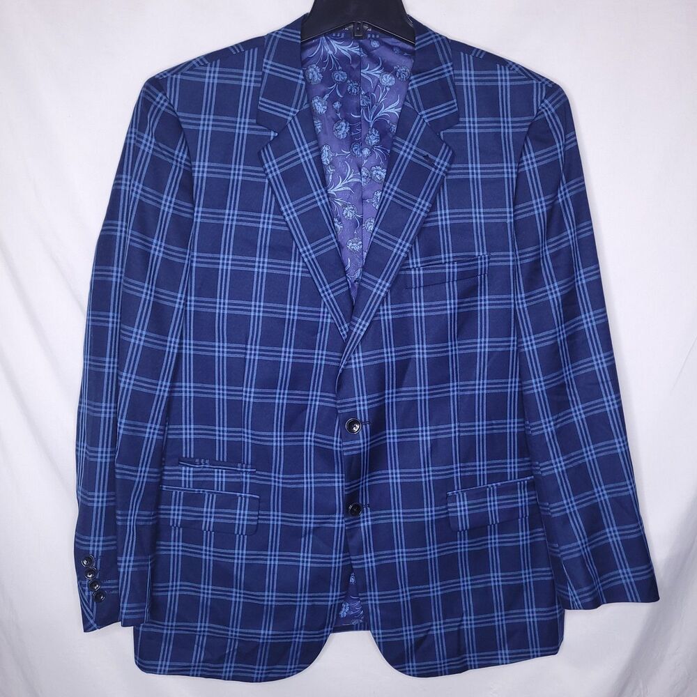 Alan Flusser Blazer Mens 44R Blue Plaid Floral Lined Polyester